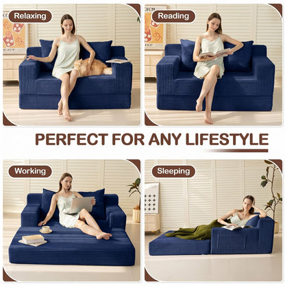 Winzoo Boneless Loveseat Couch Folding Sofa Bed, Foldable Floor Futon Sleeper Couch Bed - Convertible Sofa Bed, Corduroy Pull Out Sofa Bed with 2 Pillows for Living Room & Bedroom