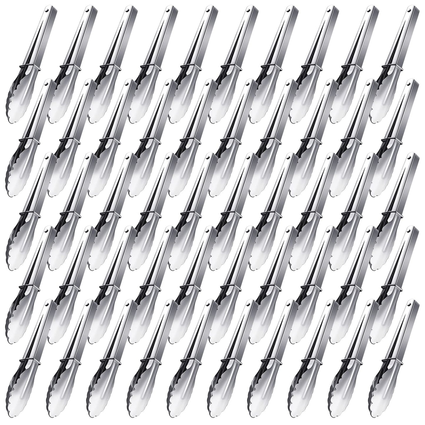 Meanplan 50 Pcs Small Stainless Steel Kitchen Tongs 7 Inch Food Serving Tongs Metal Cooking Clips High Heat Resistant Clips with Sliding Rings for Buffet Food Cooking Salad Grilling, Silver