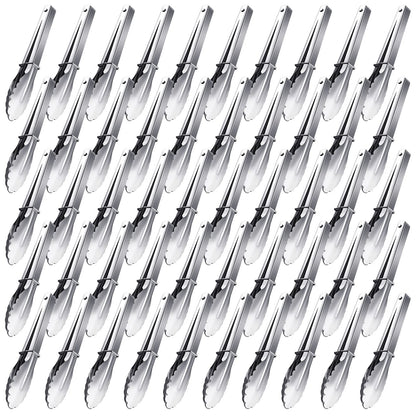 Meanplan 50 Pcs Small Stainless Steel Kitchen Tongs 7 Inch Food Serving Tongs Metal Cooking Clips High Heat Resistant Clips with Sliding Rings for Buffet Food Cooking Salad Grilling, Silver