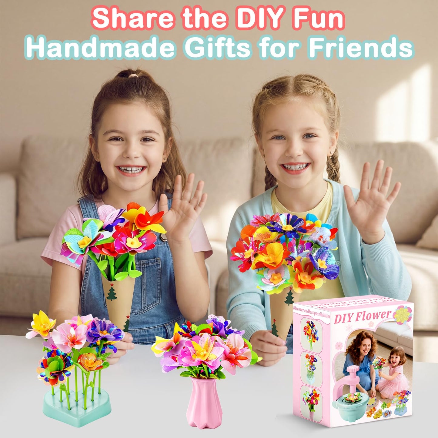 Loshuer Fabric Flower Bouquets Toys, Flower Making Kit for Kids Ages 3+, DIY Arts and Crafts Activity for Preschool Toddlers, Screen-Free Craft Gifts for Girls, Home Classroom Craft Play