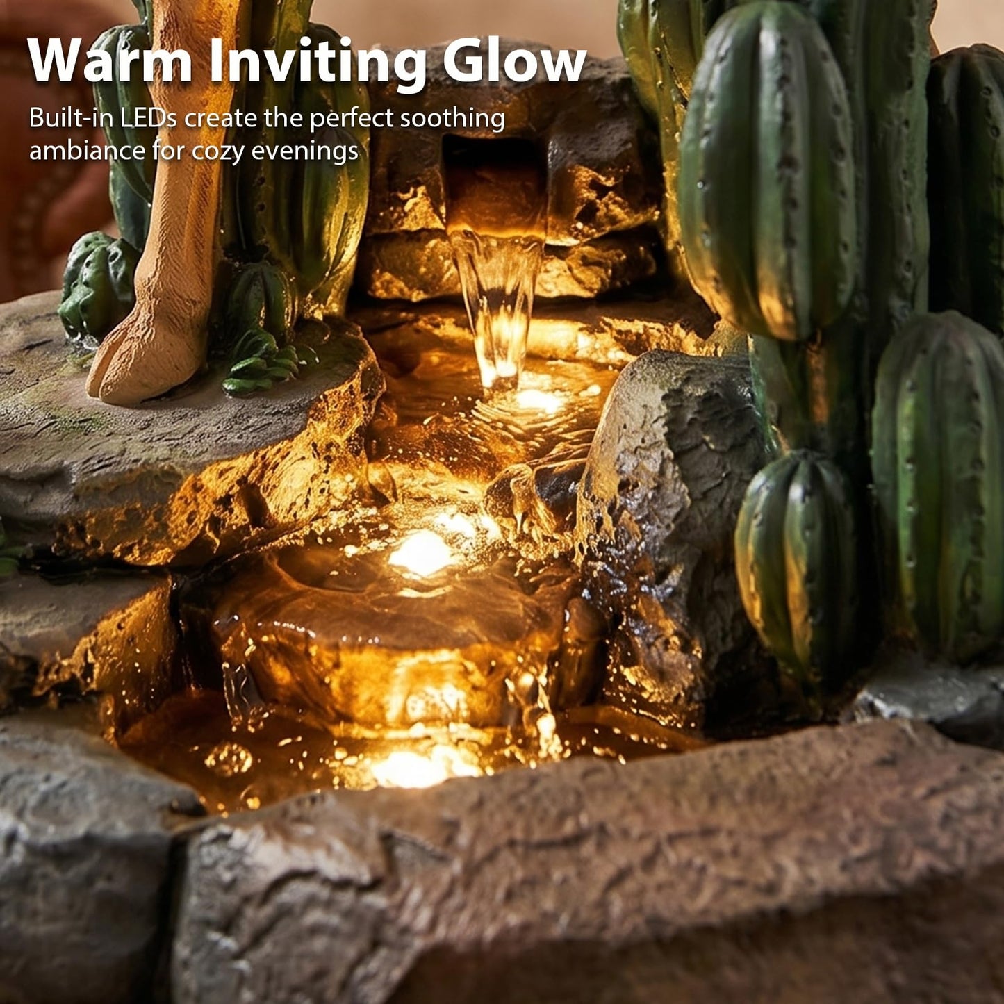 Camel & Cacti 4-Tier Waterfall Outdoor Indoor Side Table 22.8" H Glass Top Fountain with LED Lights Resin Desert Decor End Table for Garden Patio Living Room Balcony