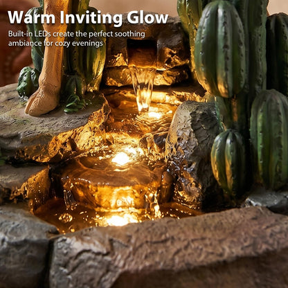 Camel & Cacti 4-Tier Waterfall Outdoor Indoor Side Table 22.8" H Glass Top Fountain with LED Lights Resin Desert Decor End Table for Garden Patio Living Room Balcony