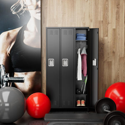 METALYEYE 3 Doors Metal Storage Lockers for Employees, Industrial Steel Locker with 9 Hooks for Gym,School,Garage,Office,Assembly Required,Black