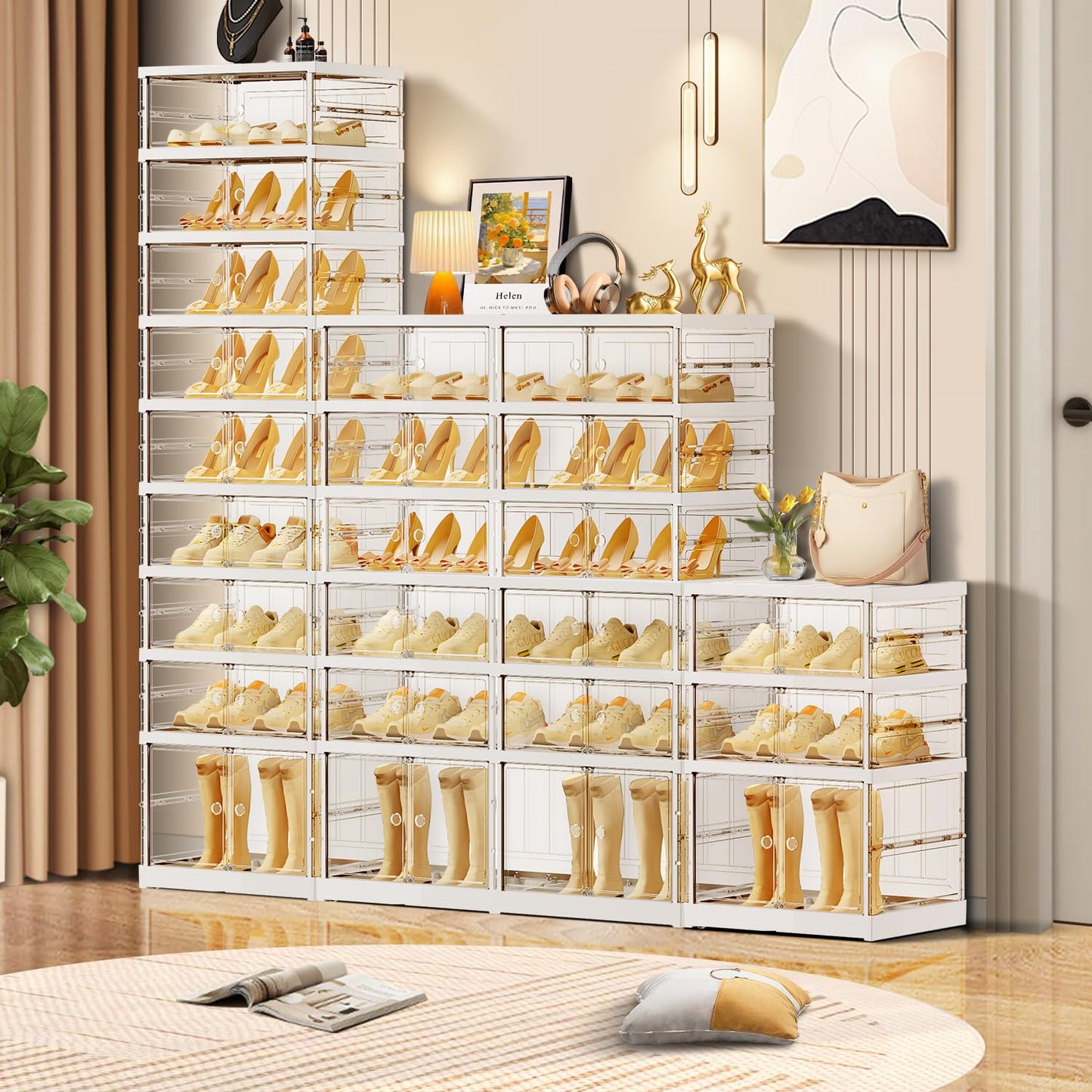 CIMLORD 9-Tier Foldable Shoe Rack for Closet Entryway 18-36Pairs,Stackable Clear Shoe Storage Boxes Organizer with Door Plastic Shoe Cabinet Bins with Lids Shoes Shelf Easy Assembly Large White