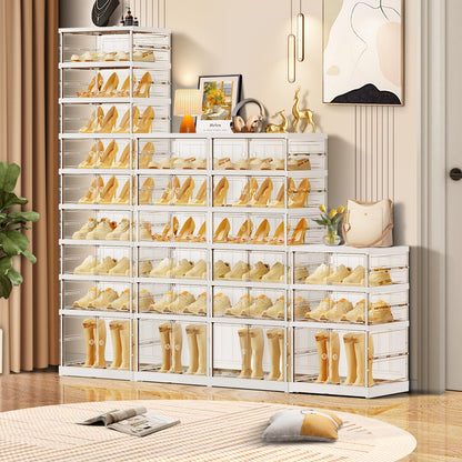 CIMLORD 9-Tier Foldable Shoe Rack for Closet Entryway 18-36Pairs,Stackable Clear Shoe Storage Boxes Organizer with Door Plastic Shoe Cabinet Bins with Lids Shoes Shelf Easy Assembly Large White