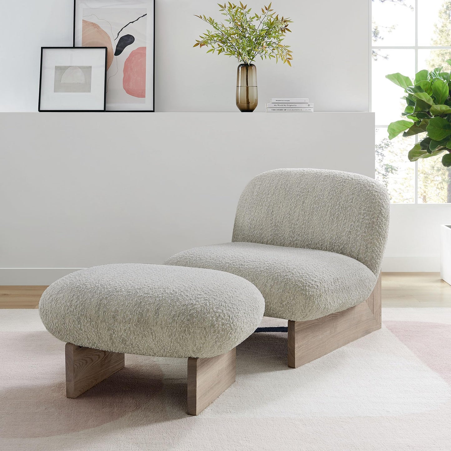 Modway Loyal Boucle Fabric Accent Chair with Ottoman in Pearl Oak - Comfy Modern Armless Lounge Chair with Footrest - Upholstered Round Sofa Chair and Footstool Set for Living Room or Bedroom