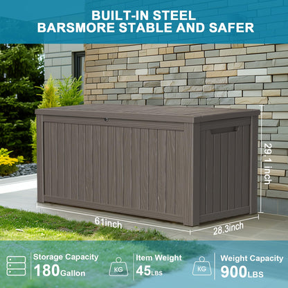 PatioZen 180 Gallon Large Resin Deck Box, Outdoor Lockable Storage Box with Divider for Patio Cushions Storage Furniture, Pool Supplies, Garden Tools, Weatherproof and UV Resistant- Light brown