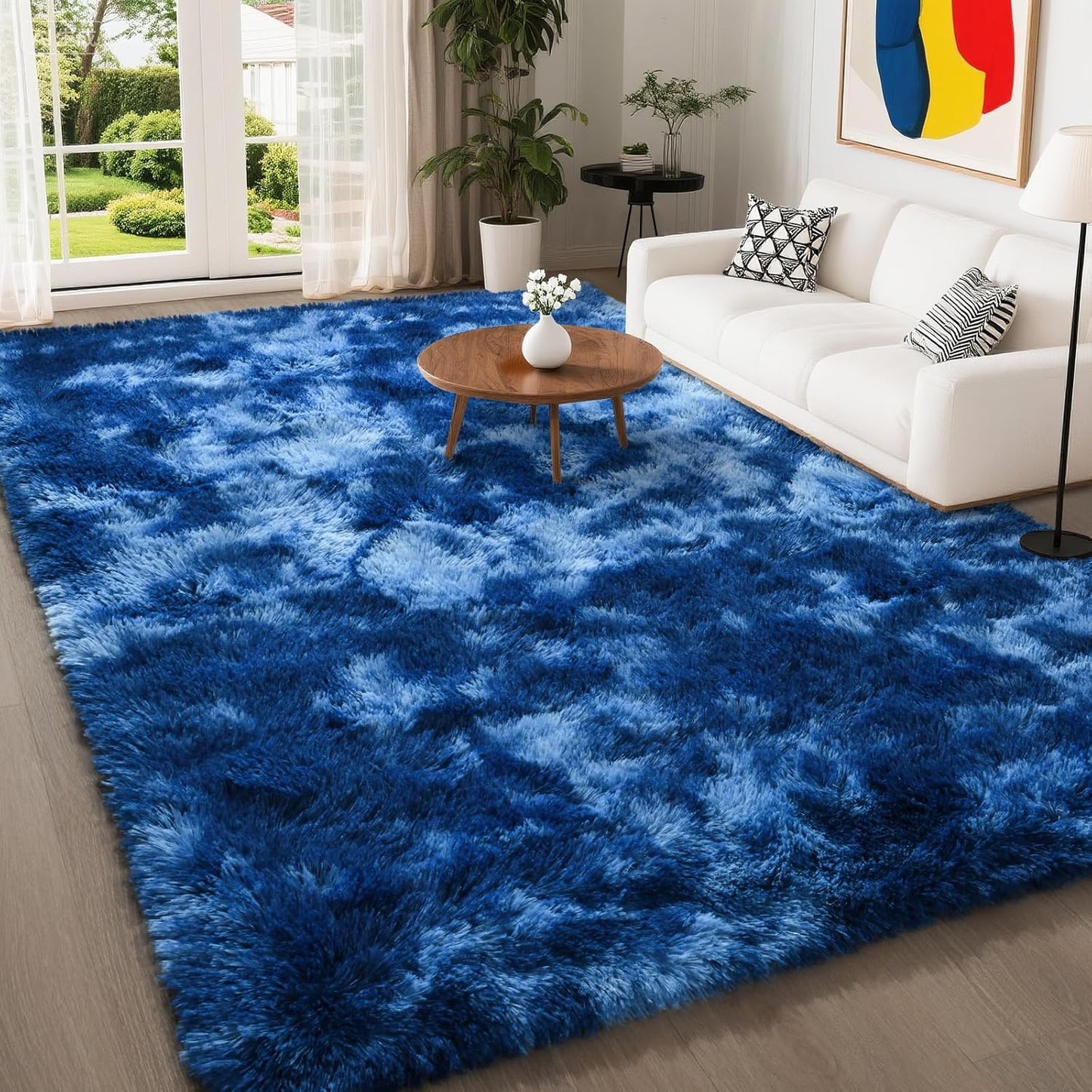 5x8 HQAYW Area Rugs for Living Room, Tie-Dyed Navy Blue Ultra Soft Fluffy Washable Non-Slip Rug, Plush Shaggy Modern