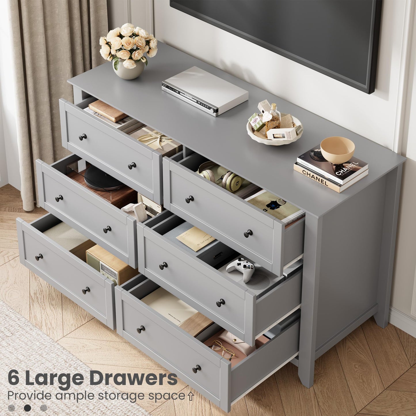 IDEALHOUSE Grey 6 Drawer Dresser for Bedroom, 54" Wide Large Dresser with Deep Drawers & Metal Knobs, Modern Wooden Chests of Drawers for Entryway, Hallway