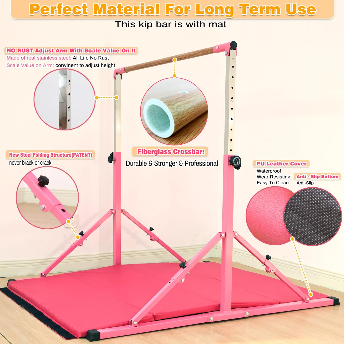 Marfual 5 Ft Fold Gymnastic Bar with Mat Kip Bar with Mat with Professional 4 Ft Width for Kids and Girl and Teenage Home and Club Use