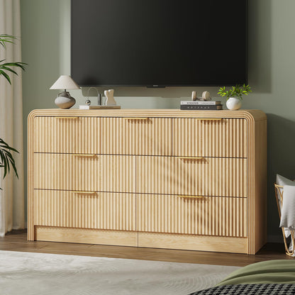 Decofy Fluted Drawers Dresser for Bedroom, Wood Dressers with Gold Handles, Modern Dressers with Wave Texture, Large Storage Chest of Drawers, Bedroom Dresser Organizer 55'' & 7 Drawers (Natural Oak)