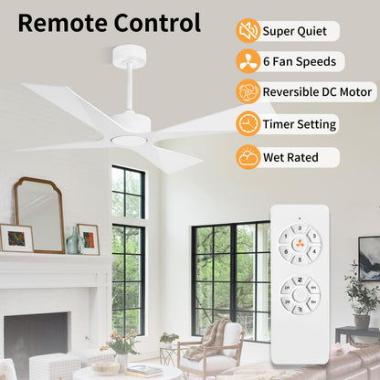 WINGBO 64" Wet Rated Outdoor Ceiling Fan without Lights, 4 ABS Plastic Blades, Reversible DC Motor, 6-Speed Remote Control, Waterproof Ceiling Fan No Lights for Patio Porch Gazebo Garage, White
