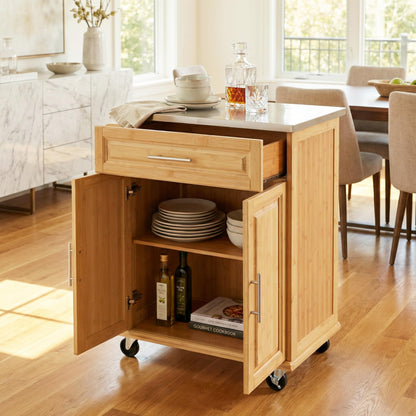 Christopher Knight Home ZAH Bamboo Rolling Cart with Drawers, Kitchen Bar Cart on Wheels with Stainless Steel Top, Mobile Rolling Kitchen Cart Storage Cabinet, Serving Cart, 29.13'' x 18.5'', Natural