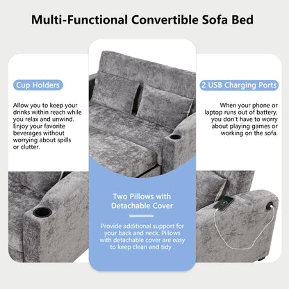 GDFStudio Pull Out Sofa Bed with USB Ports and Cup Holders, 3-Position Adjustable Backrest Chenille Loveseat, Sturdy Frame Compact Couch for Living Room Apartment Guest Bed, Gray
