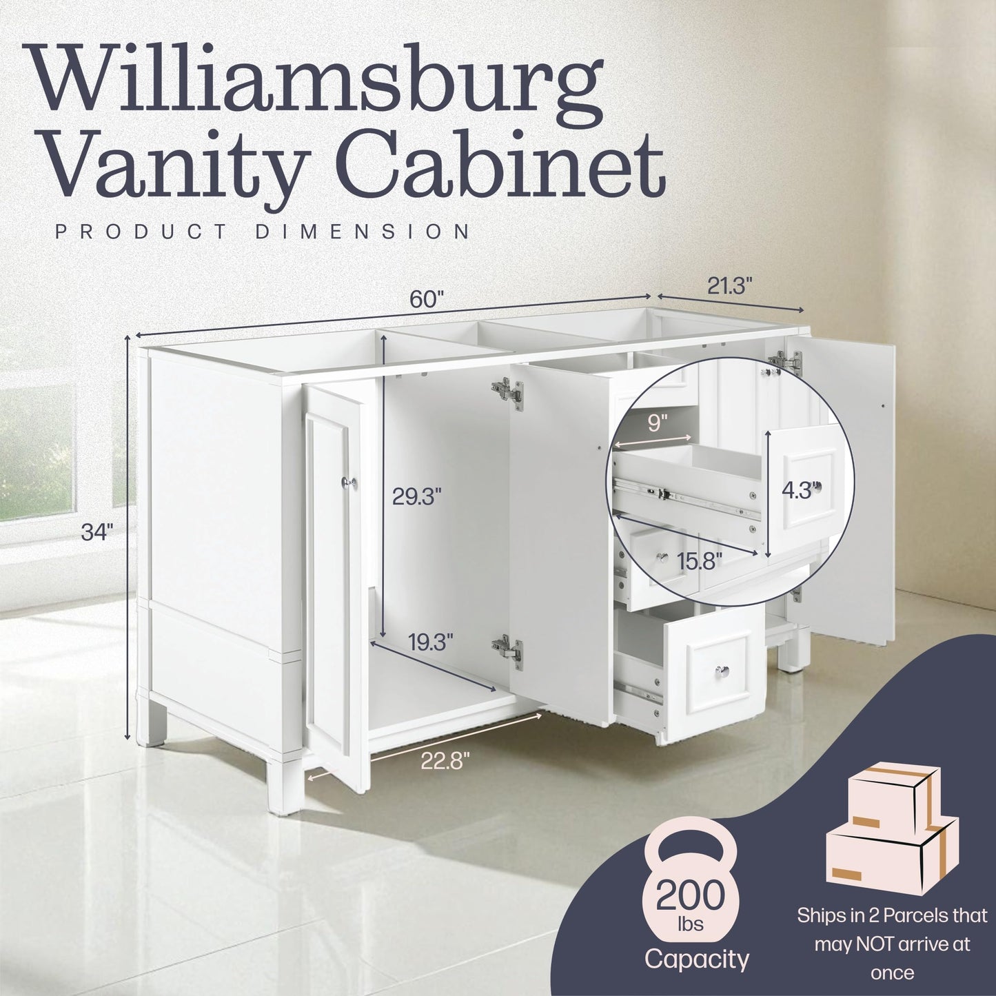 Alaterre Furniture Williamsburg 60 Inch Double Sink Bathroom Vanity - Freestanding Cabinet Without Top - Large Soft-Close Wood Vanity (White)
