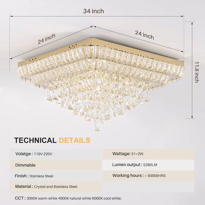 Miuyhji Elegant LED Crystal Raindrop Ceiling Light,24 Inch Square Gold Flush Mount Chandelier Light Fixture,Remote/APP, for Living Room Kitchen Dining Room Bedroom Hallway Entryway Foyer (Dimmable)