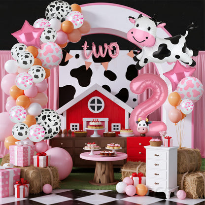 Cow Balloon Cow Shape Mylar Balloon 2nd Birthday Party Decoration Pink 40 Inch Large Number 2 TWO Letter Banner Balloons Cowgirl Farm Animal Theme Birthday Party Decor 24 Pcs