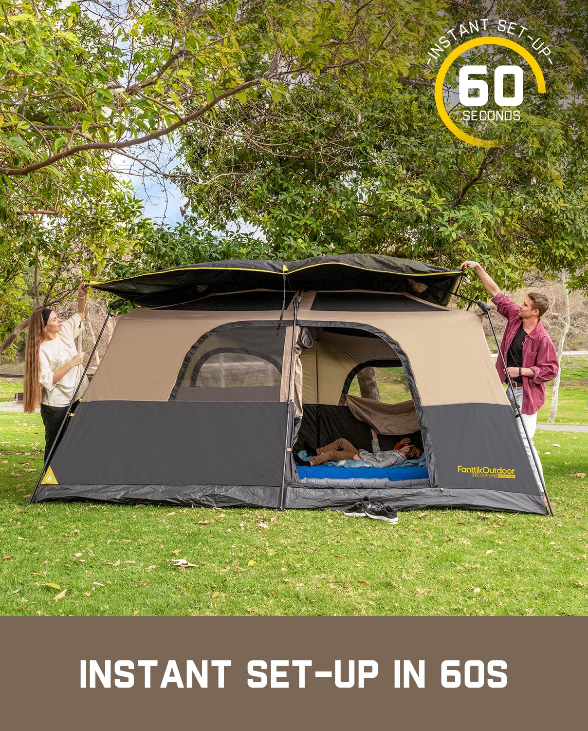 FanttikOutdoor Zeta C8 Pro Max Instant Cabin Tent 8 Person Camping Tent Setup in 60 Seconds with Rainfly & Windproof Portable with Carry Bag for Family Camping & Hiking, Upgraded Ventilation, Khaki
