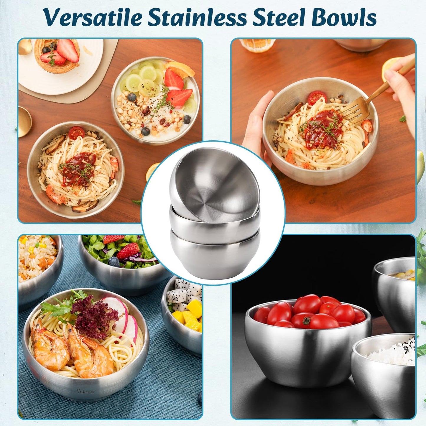 Youeon 3 Pack 28 Oz SUS304 Brushed Stainless Steel Bowls, Double Wall Insulated Bowls, Stainless Steel Soup Bowl for Cereal, Ice Cream, Noodle, 6 Inch Bowl Set for Serving, Dishwasher Safe