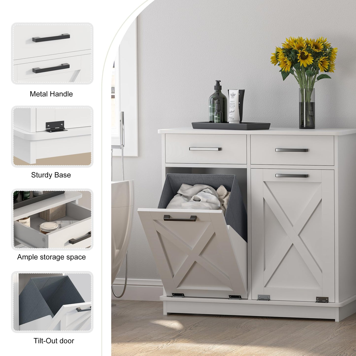 Mepplzian White Double Tilt Out Laundry Hamper Cabinet Laundry Basket Cabinet Hidden Laundry Hamper with 2 Drawers & 2 Baskets for Bathroom,30x30x16in（Barn Door Panel）