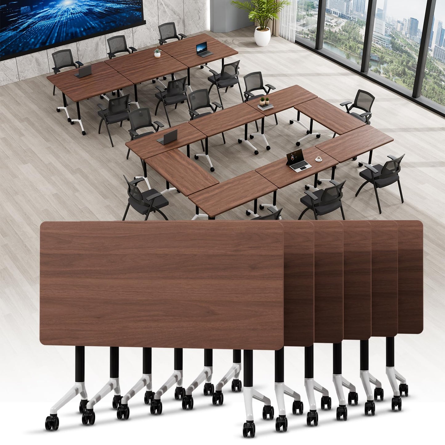 Folding Conference Table with Wheels, Flip Top Conference Room Table, Modular Mobile Training & Meeting Room Table Set, Space Saving Nesting Office Boardroom Desk for 6-12 Person, Set of 2/4/6/8