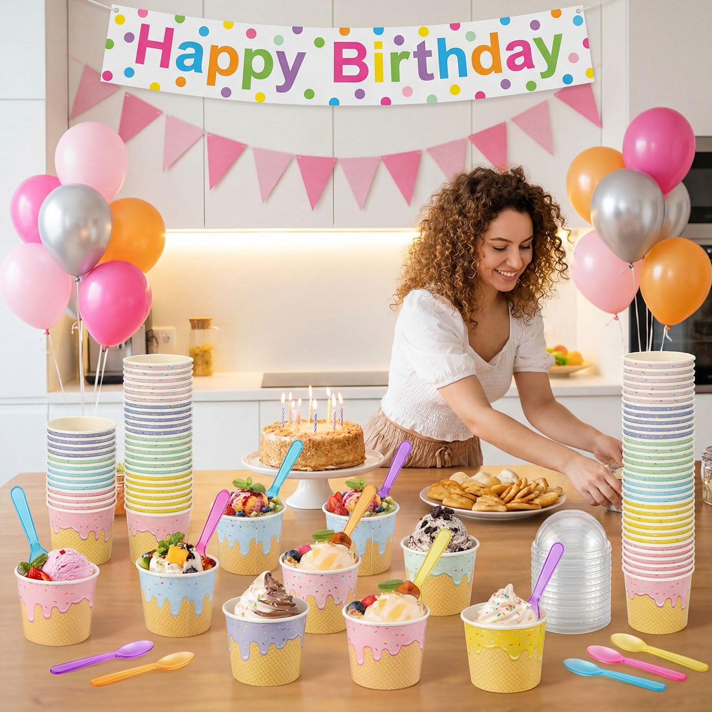 Jingmore 60 Set 4oz Ice Cream Paper Cups with Lids and Spoons, Disposable Sundae Bowls, Dessert Cups for Birthday Party Supplies, Ice Cream Bowls Bulk for Yogurt, Snacks