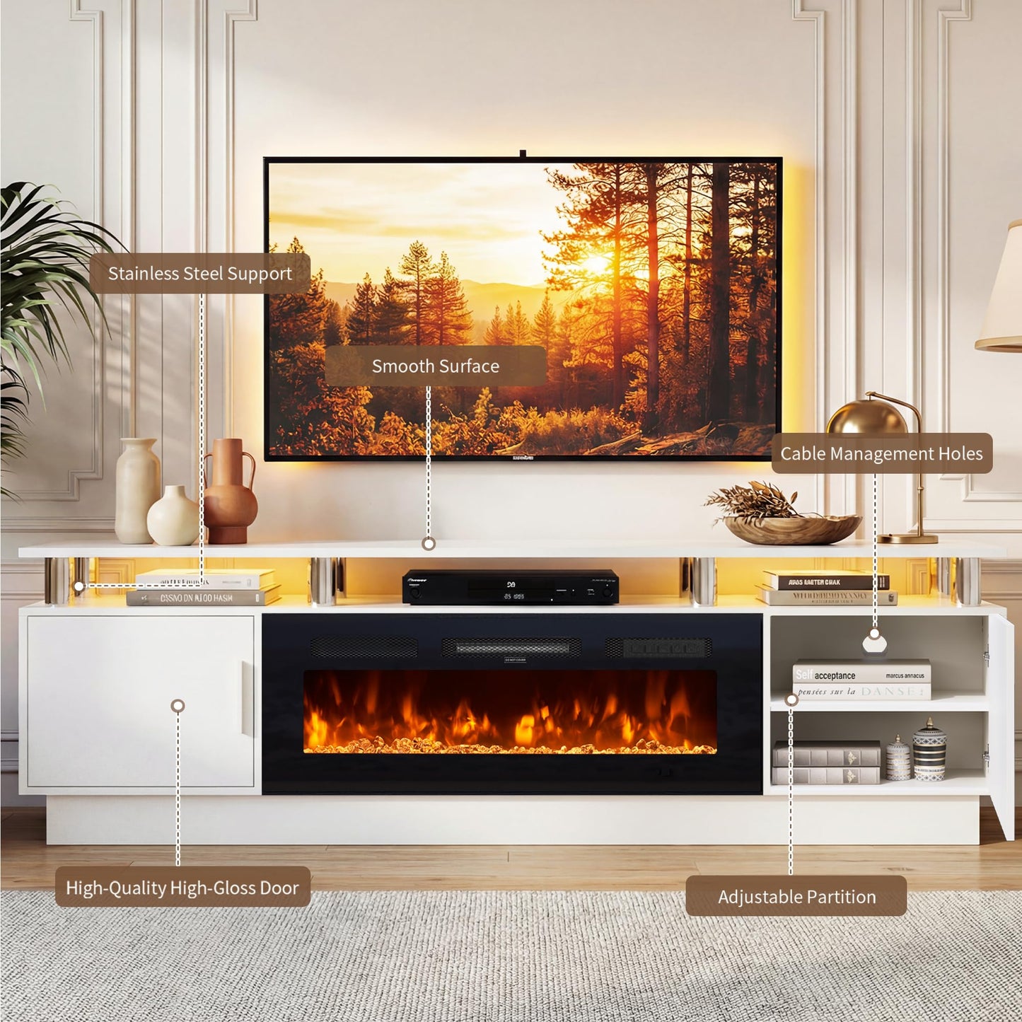 OneBlis 70" Fireplace TV Stand for TVs UP to 80", Electric Fireplace Entertainment Center with LED Lights & Storage Cabinets, TV Console for Living Room, Office, White-Black