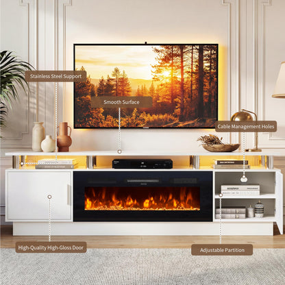OneBlis 70" Fireplace TV Stand for TVs UP to 80", Electric Fireplace Entertainment Center with LED Lights & Storage Cabinets, TV Console for Living Room, Office, White-Black