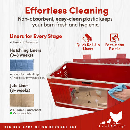 RentACoop Big Red Barn Chick Brooder Set | Durable, Lightweight, Easy-Clean, Multipurpose | with Heating Plate, Feeder, Waterer, Absorbent Hatchling Liners, Jute Liners, LED Light, Security Latch