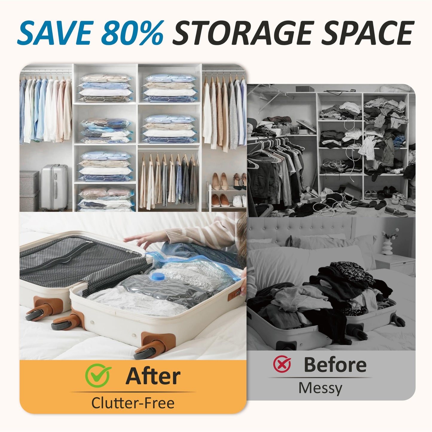 Cozy Essential Vacuum Storage Bags, 80% Compression Vacuum Seal Space Saver Plastic Packaging Bags for Clothes, Blankets, Pillow, Bedding, Comforters, Sealer Clothing Storage,20 Combo