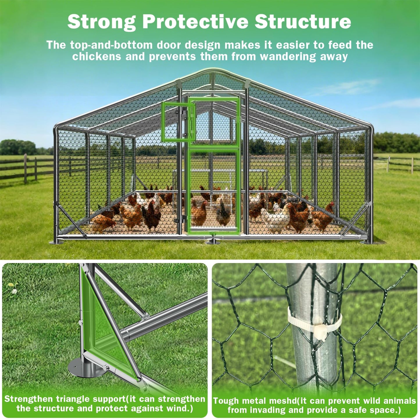 10x26FT Metal Chicken Coop, Dutch Door Chicken Run with Chicken Perch, Cover and Chicken Wire, Walk in Duck Pen for Backyard Poultry and Pet Farming