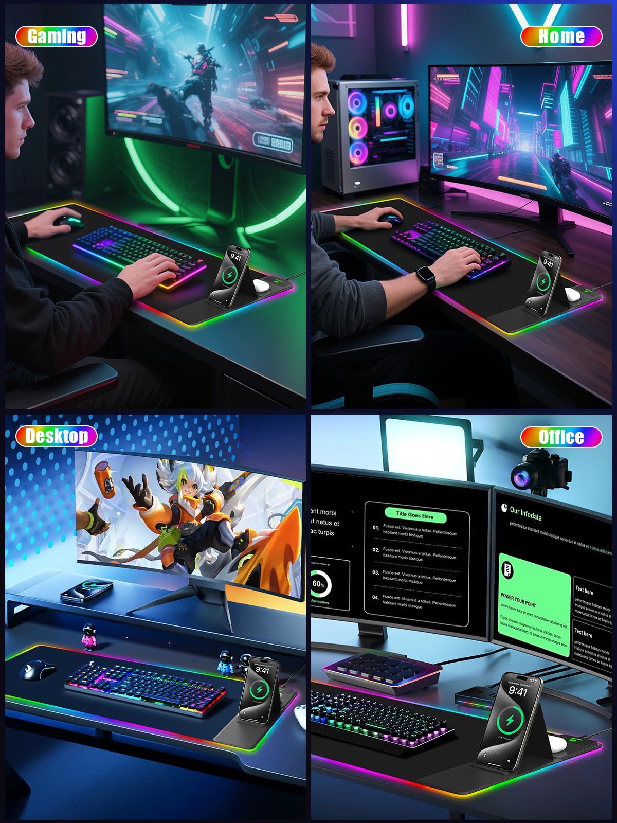 Mouse Pad with Wireless Charging, Large Desk Mat RGB Gaming Mousepad, 10 Light Colors LED Gaming Pad Keyboard Pad with Ultra-Smooth Surface & Non-Slip Rubber Base, Waterproof Full Desk Mouse Pad
