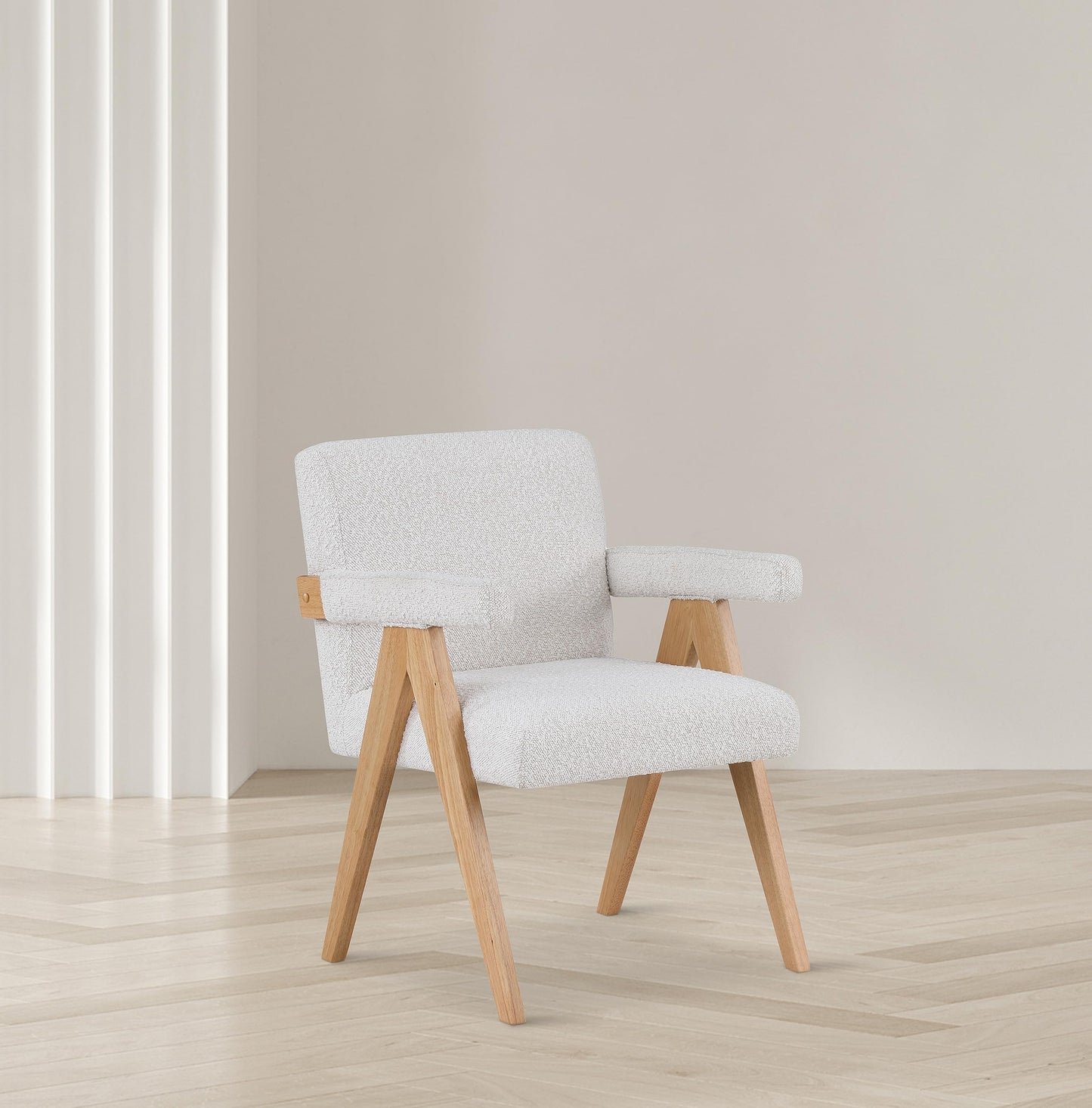Meridian Furniture 480Cream Woodloch Collection Mid-Century Modern Boucle Fabric Upholstered Accent Chair with Rich Cream Boucle Fabric, Natural Finish Solid Wood, 24.5" W x 23.5" D x 32" H, Cream