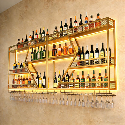 Wall Mounted Wine Rack, 71 Inch, 3-Tier Metal Bottle Shelf with Wine Glass Holder and LED Lights, Industrial Style for Home Bar, Restaurant (Gold, 71in)