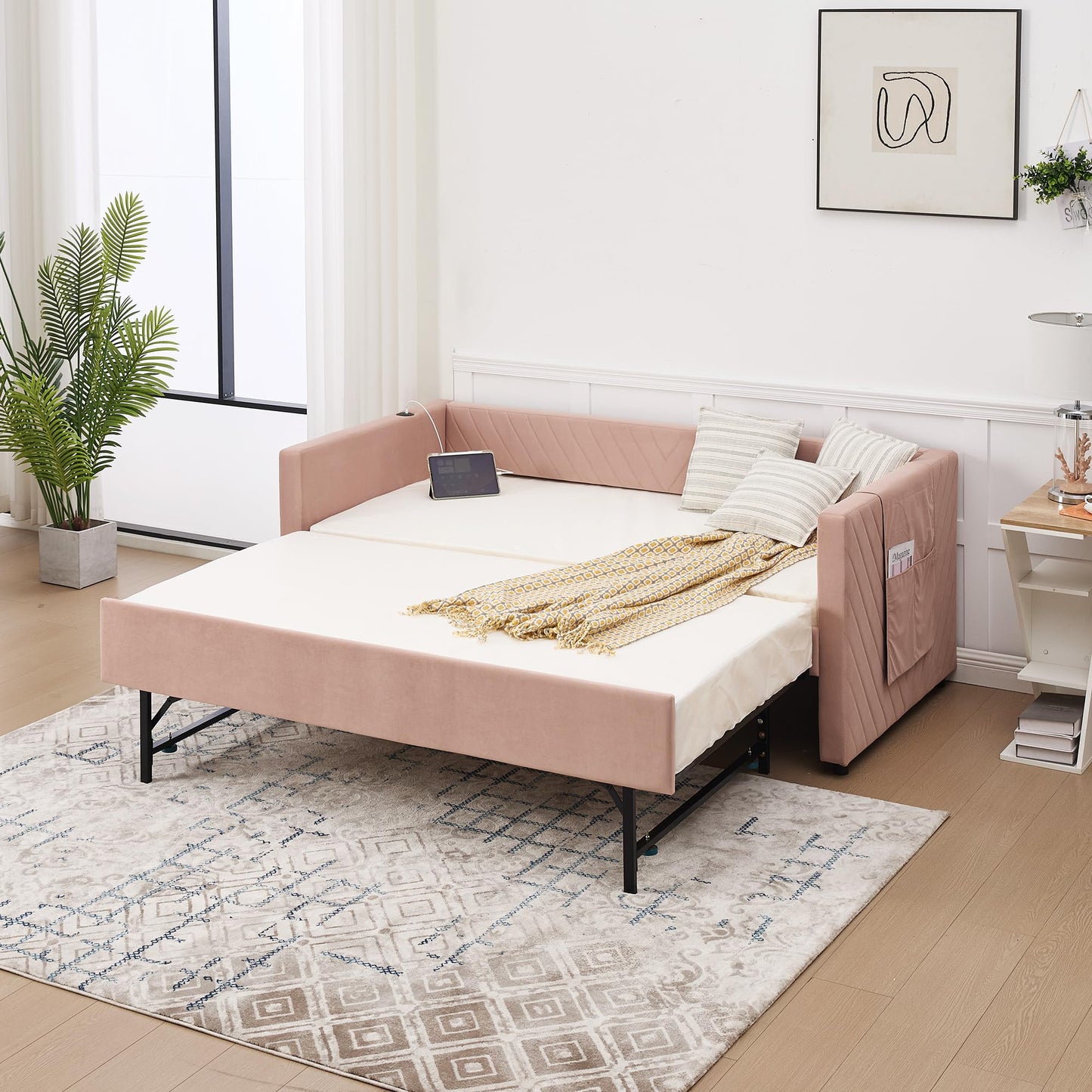 DNYN Velvet Daybed with Pop-up Trundle and USB Ports for Bedroom/Guest/Living Room, Space-Saving Twin Size Bed Frame with Side Pockets and V-Grained Backrest Design, No Box Spring Needed