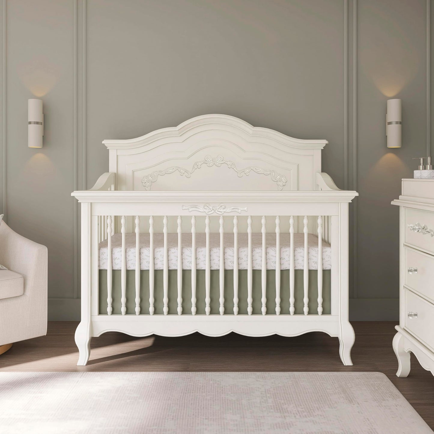 Evolur Aurora 5-in-1 Convertible Full-Size Baby Crib in Ivory Lace, GreenGuard Gold & JPMA, 3 Mattress HeightsRibbon Bow Scrollwork & Queen Anne Feet, Converts to Toddler, Day & Full-Size Bed