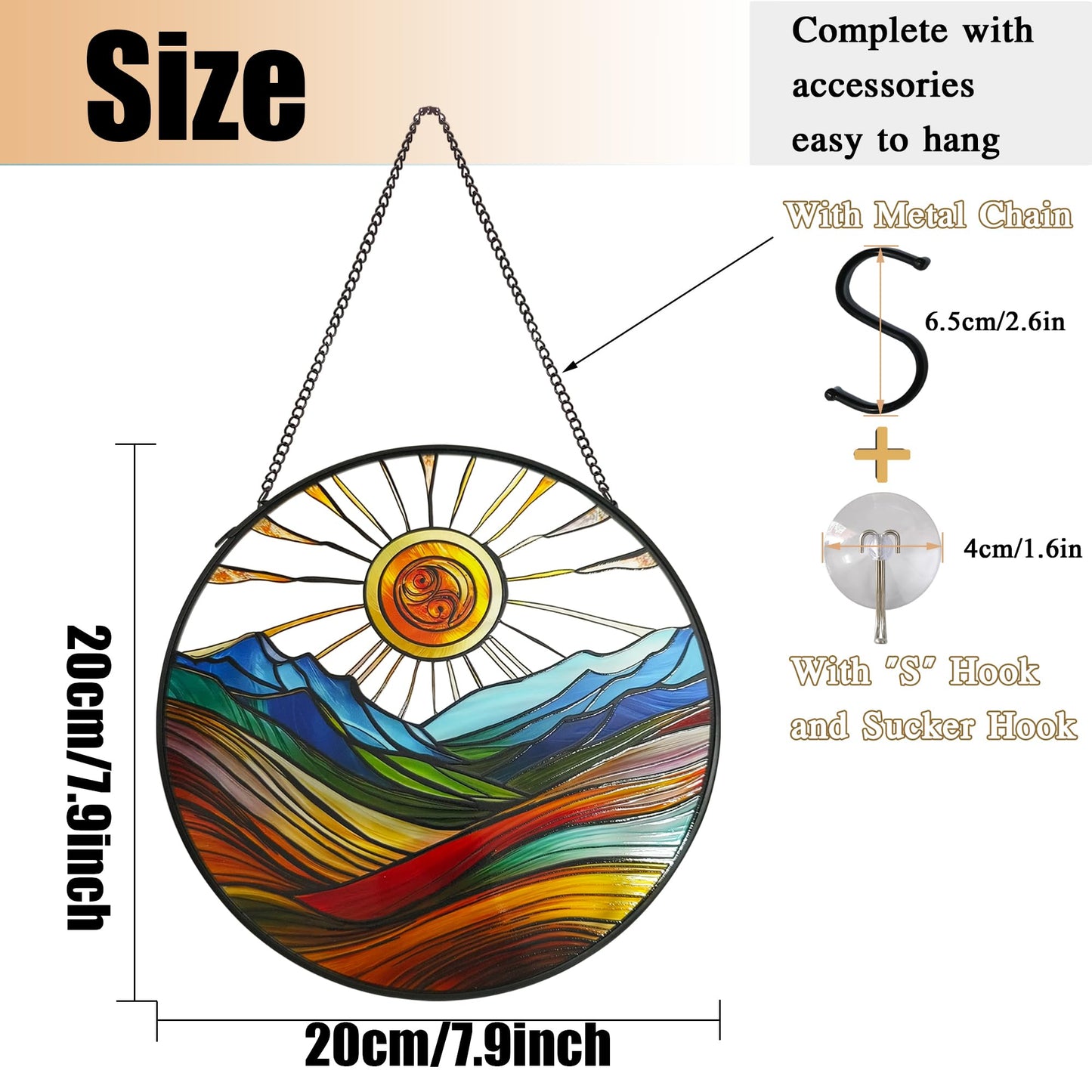 ZZHAOYI Sun Mountains Stained Glass Window Hanging, 7.9'' Sun Catchers Indoor Window Boho Wall Art Decor with Chain, Hand Painted Sun Catcher Gifts for Couples, Women