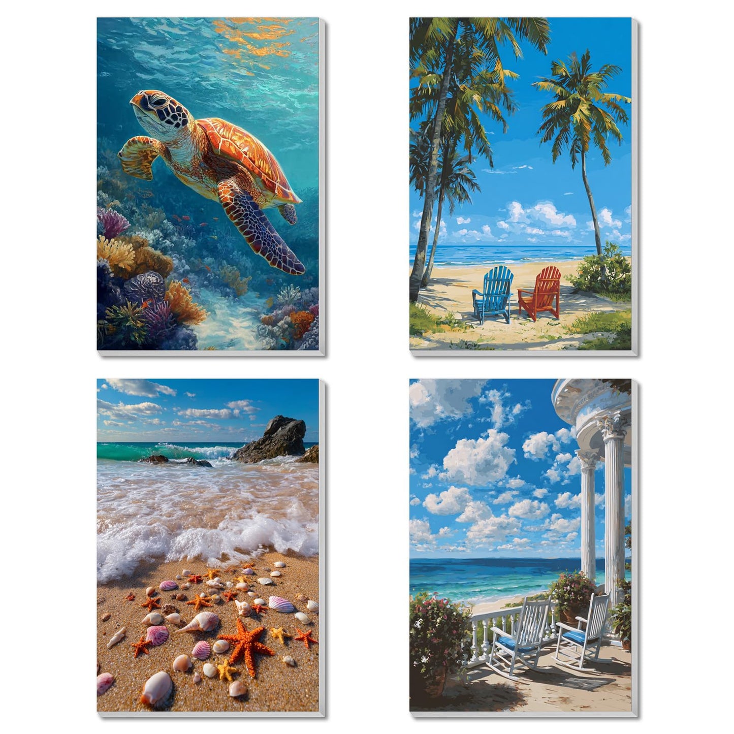 4 Pack Beach Framed Paint By Numbers Kit for Adults Beginner Sea Turtle Adult Paint By Number Kits on Canvas Painting By Numbers for Adults with Frame Diy Painting Kits for Home Wall Art 8x12 Inch