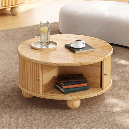Merax Modern Round Fluted Coffee Table with Storage & Sliding Door – 31.8" Solid Pine Wood Center Table – Living Room Cocktail Table with Hidden Compartment, Natural