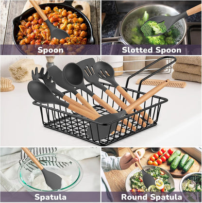 TeamFar Kitchen Utensils Set of 7, Silicone Cooking Tools with Wooden Handles for Baking, Mixing, Non-toxic