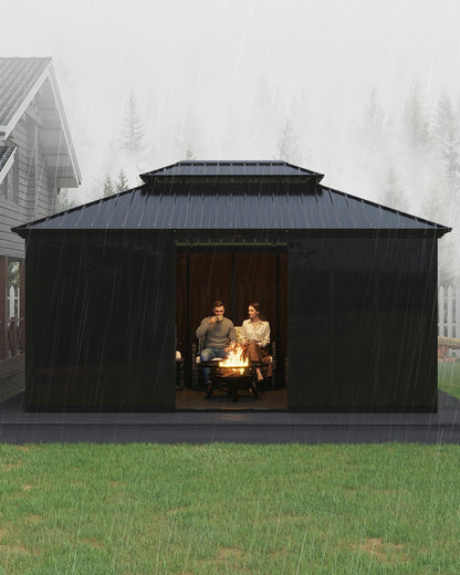 GarveeLife 12x16 ft Sunroom Hardtop Gazebo, Enclosed Gazebo with Floor-to-Ceiling Sliding Doors, All-Aluminum Alloy Frame, Screen Outdoor Room Solarium for Backyard, Patio, and Deck