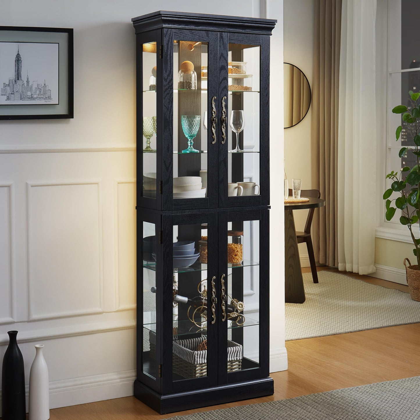 Elegant Lighted Glass Curio Display Cabinet Wooden Frame Storage for Living Room, Kitchen Includes Light Bulb Ideal for Wine, Toys Collectibles Black
