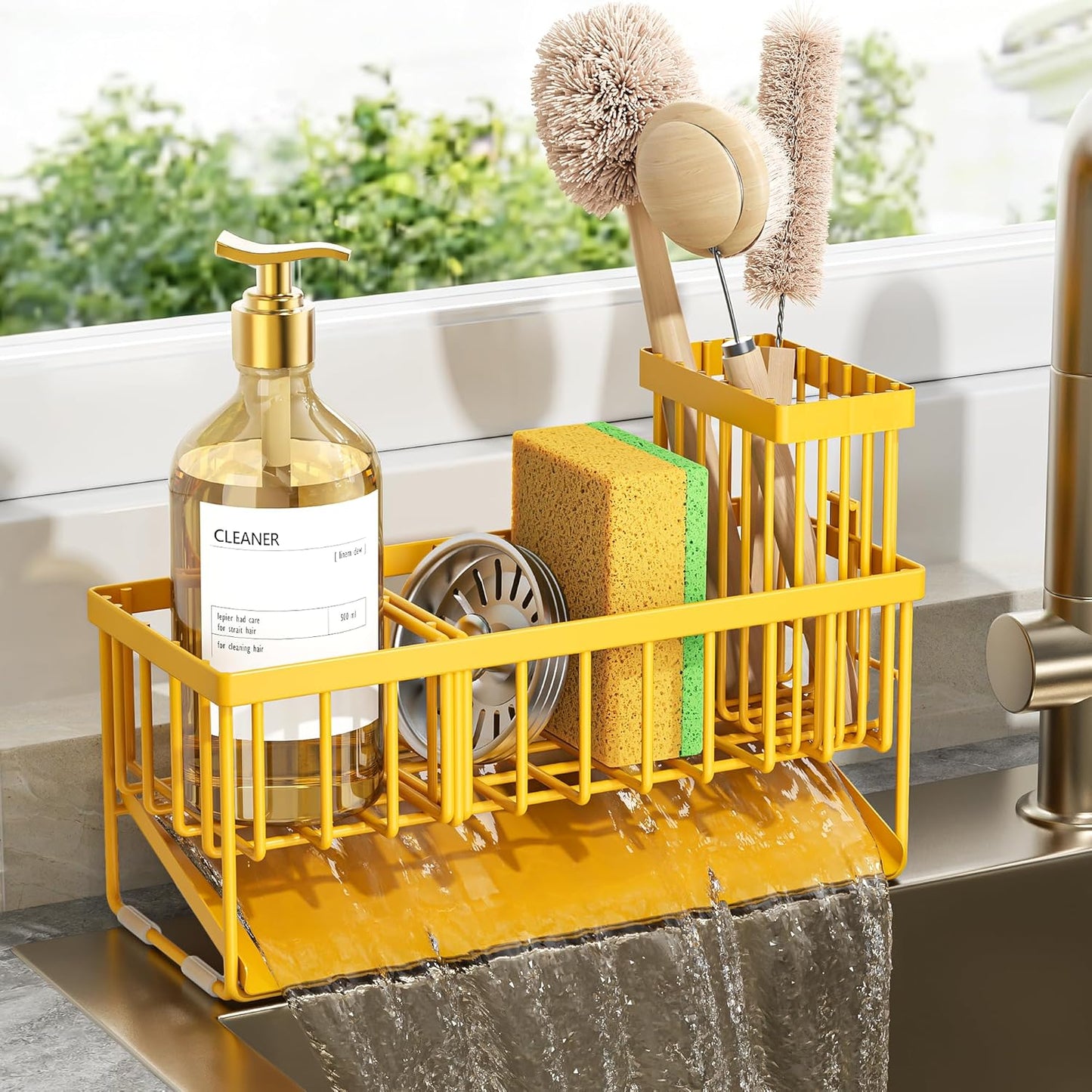 304 Countertop Cisily Lemon Yellow Sink Caddy Organzier with High Brush Holder, Sponge Holder for Sink, Rustproof