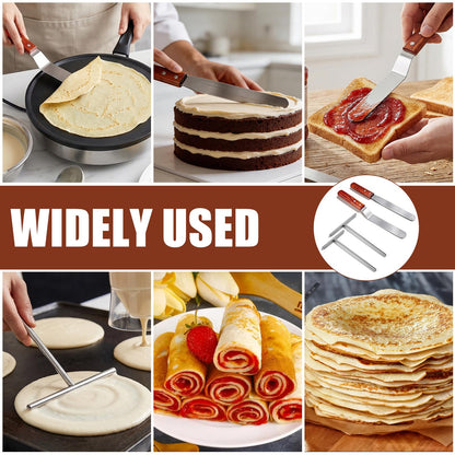 Lainballow Crepe Spreader and Spatula Kit, 7" & 5" T-Shaped Batter Spreaders and Wood Handle Offset Spatula Curved and Straight, Stainless Steel Pancake Tool, Batter Spreaders Fit Any Crepe Pan Maker