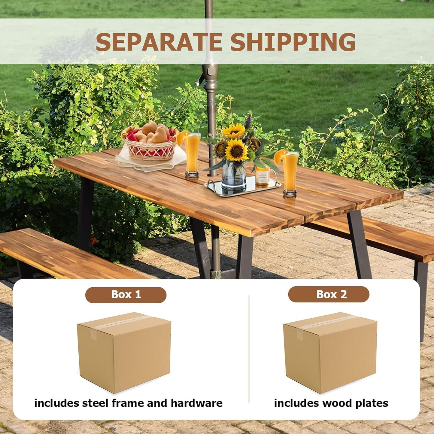 LDAILY Acacia Wood Picnic Table with Umbrella Hole, 70’’ x 30’’ Outdoor Picnic Tables with Benches for 6-8 Persons, 1600 LBS Max Load, Metal Frame & 2" Umbrella Hole, Party, Garden, Yard, Patio, Lawn