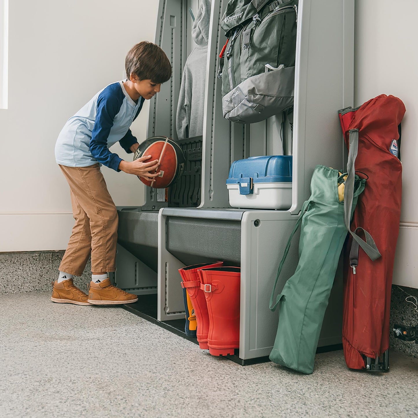LIFETIME Storage Locker, Freestanding Cabinet with Benches & Shoe Cubbies, Organizer with Metal Hooks, UV‑Protected Weather‑Resistant