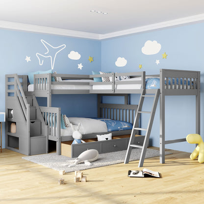 Merax Bunk Bed with a Loft Attached, Triple Bedframe with Drawers, Guardrails and Ladders, Gray Platform, L-Shaped Twin Over Full