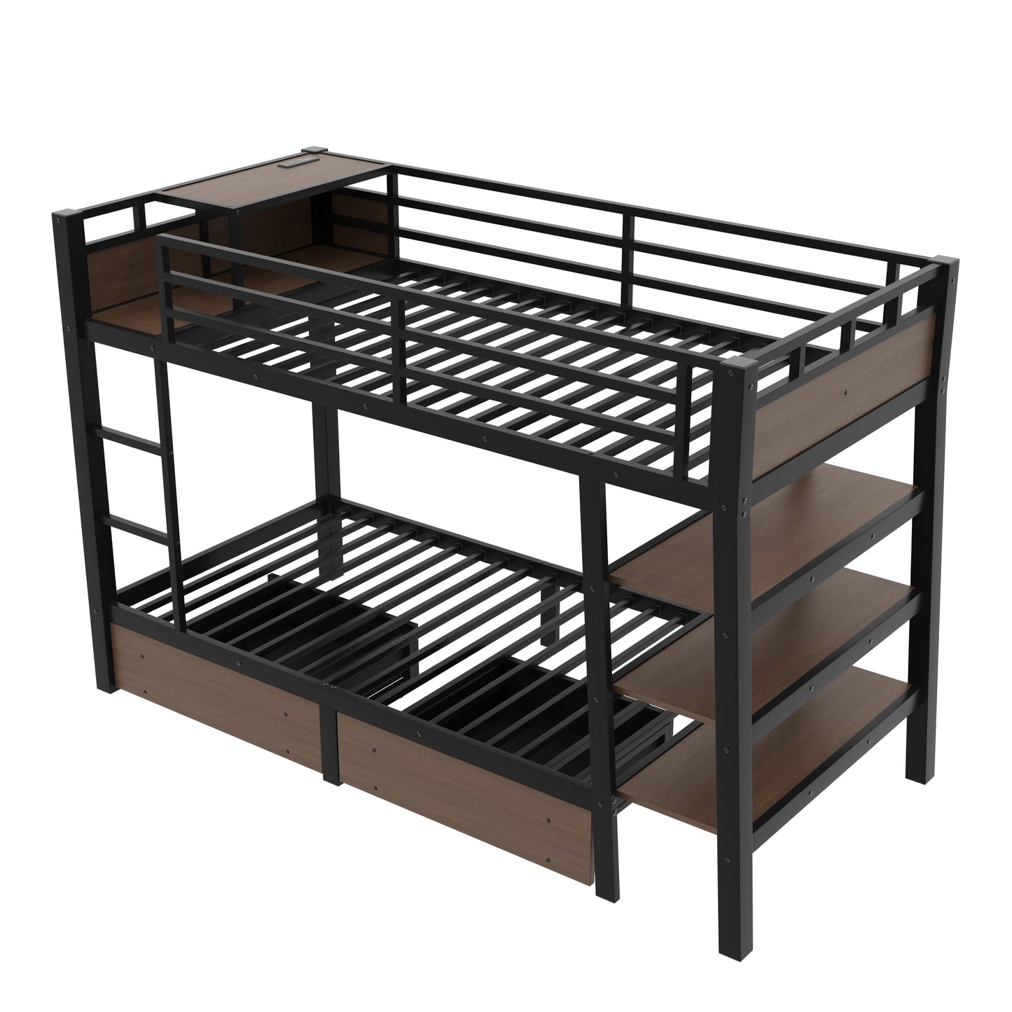 DNYN Modern Metal Bunk Bed Frame with Storage Shelves and USB Ports for Teens/Adults Bedroom, Space-Saving Twin Size Bed with LED Strip and 2 Drawers, No Box Spring Needed & Easy Assemble