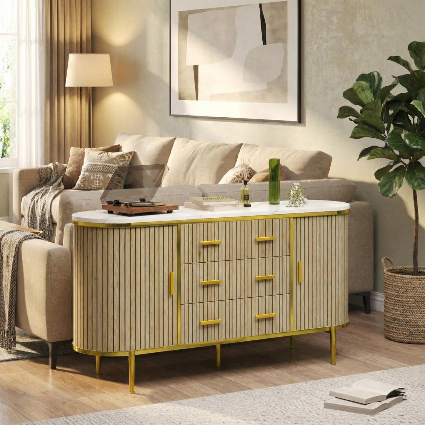 BouPower 59" Modern Fluted Sideboard Buffet Cabinet with Faux Marble Top, Record Player Stand Storage Cabinet with 2 Doors & 6 Drawers, Coffee Bar Console Table for Dining Room, Living Room, Kitchen