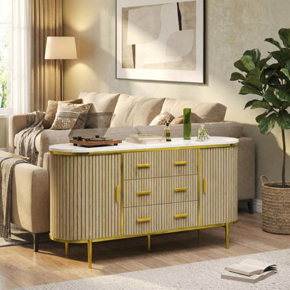 BouPower 59" Modern Fluted Sideboard Buffet Cabinet with Faux Marble Top, Record Player Stand Storage Cabinet with 2 Doors & 6 Drawers, Coffee Bar Console Table for Dining Room, Living Room, Kitchen
